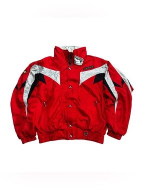 Vintage 80s 90s Descente Ski Jacket Red Colorblock Mens Size S Fits M Boxy Fit